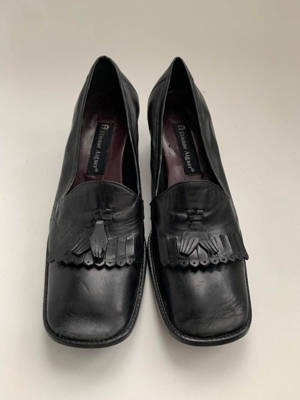 Etienne Aigner Black Heeled Leather Tassle Loafers, Sz 7.5